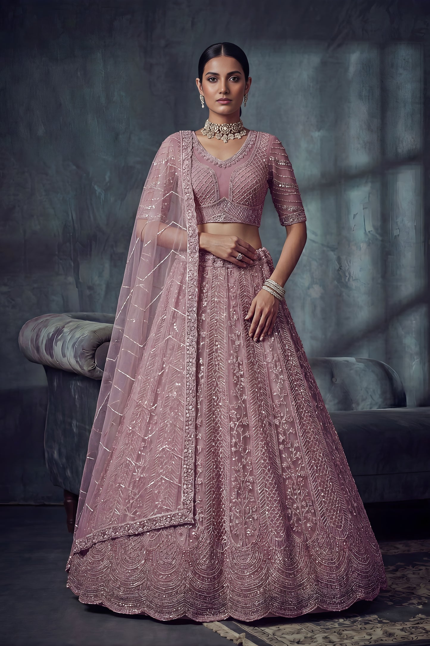 Stunning Lavender Net Lehenga Choli with Heavy Embroidery Work for Wedding
