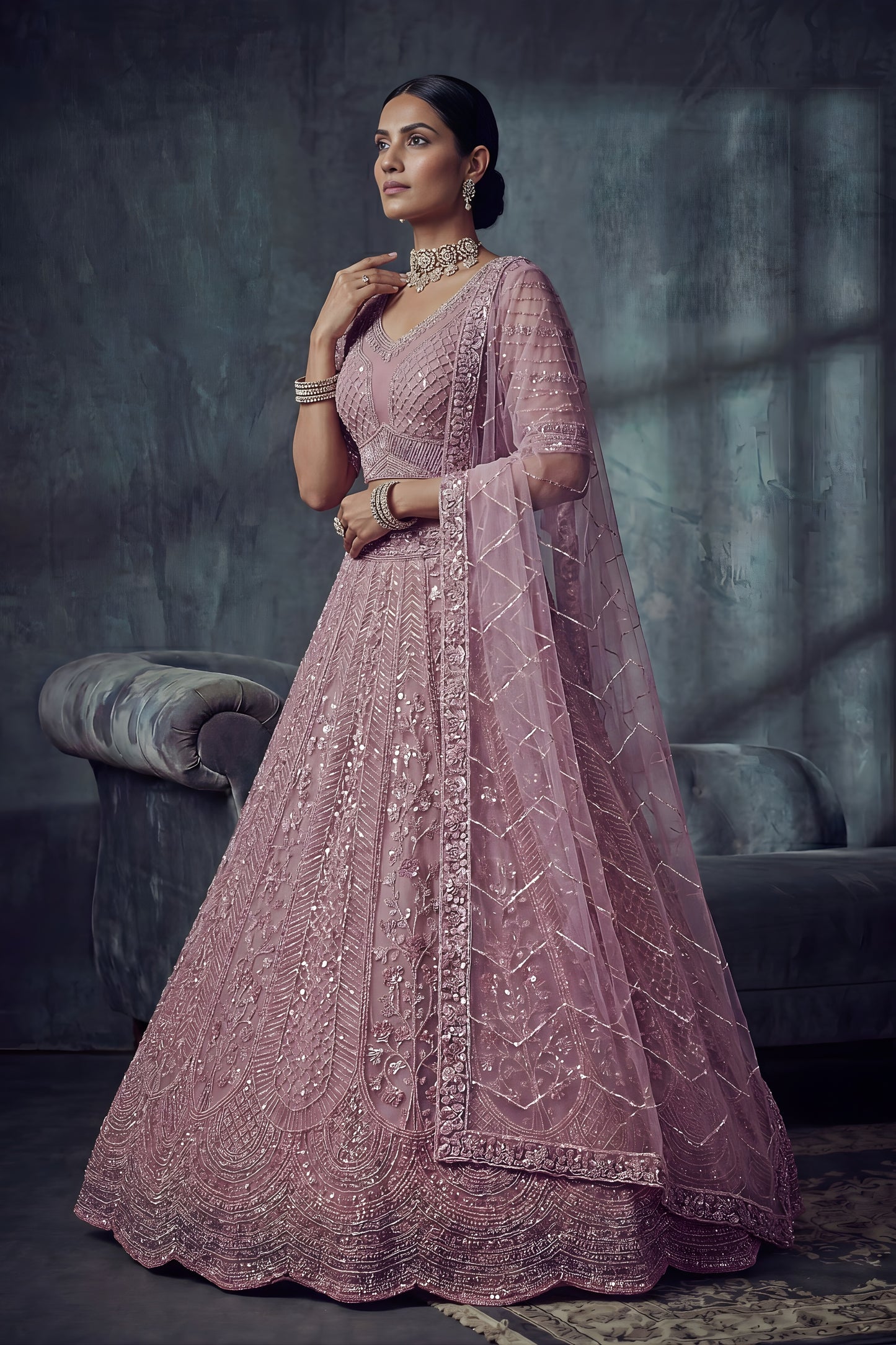 Stunning Lavender Net Lehenga Choli with Heavy Embroidery Work for Wedding