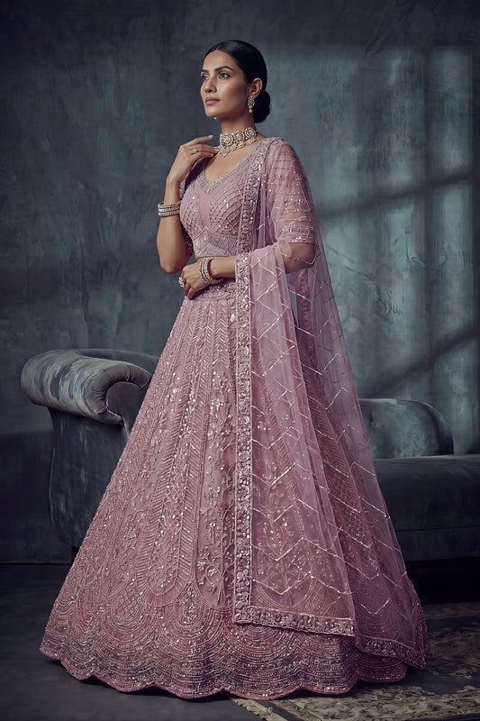 Stunning Lavender Net Lehenga Choli with Heavy Embroidery Work for Wedding
