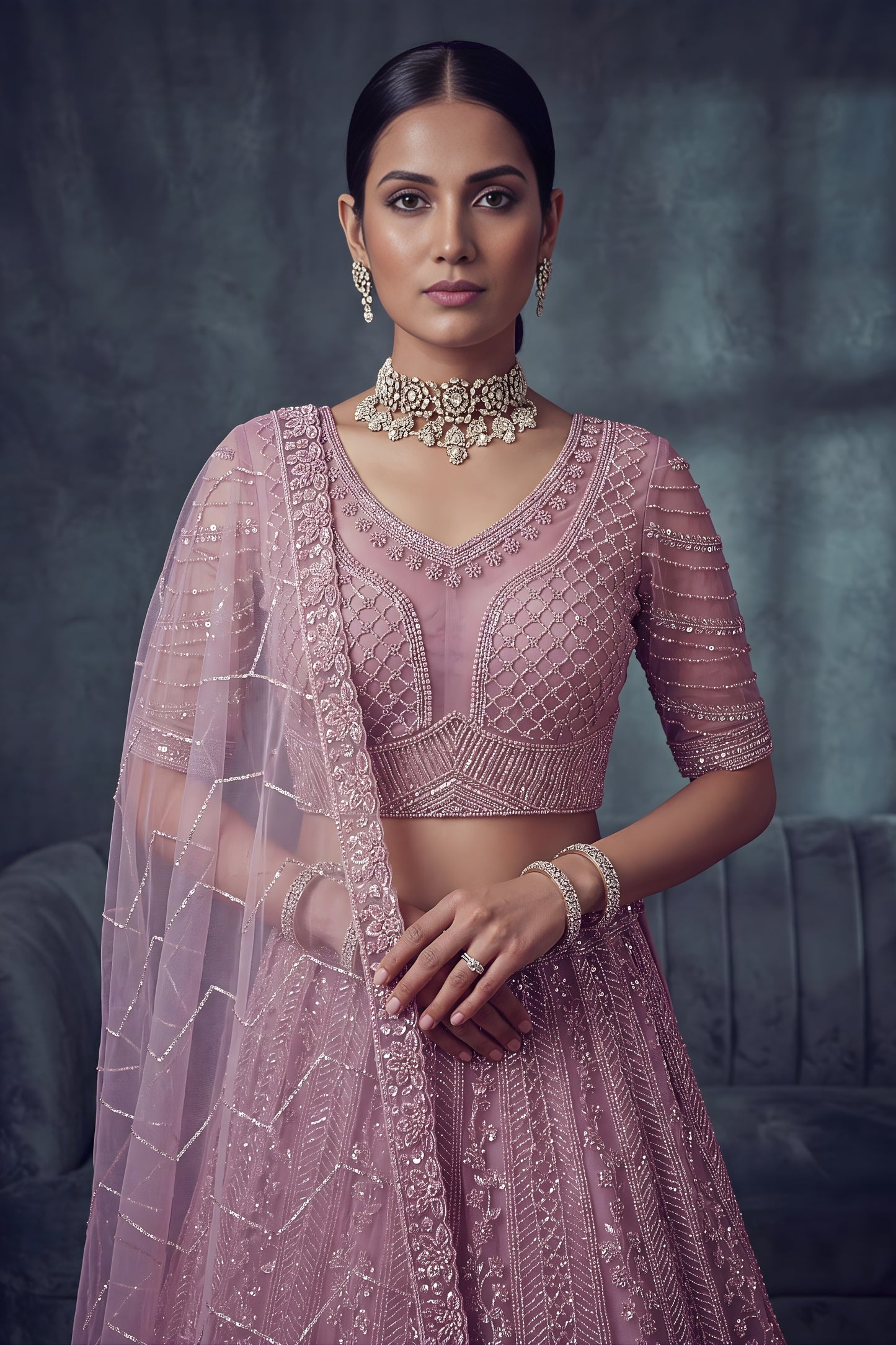 Stunning Lavender Net Lehenga Choli with Heavy Embroidery Work for Wedding
