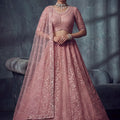 Impressive Dusty Rose Pink Net Lehenga Choli with Heavy Embroidery Work for Wedding