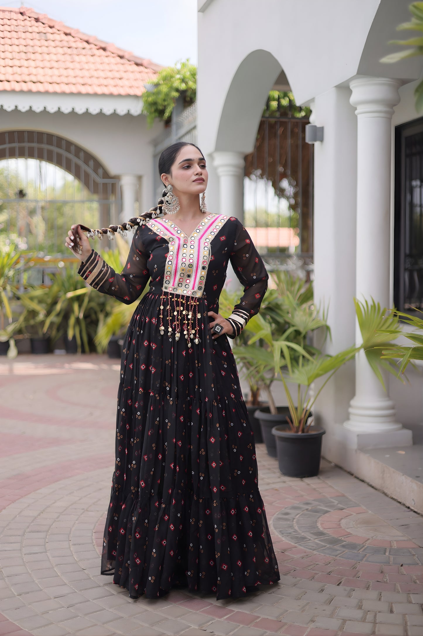 Stylish Black Faux Georgette Designer Gown with Mirror Work for Women