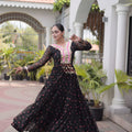 Stylish Black Faux Georgette Designer Gown with Mirror Work for Women
