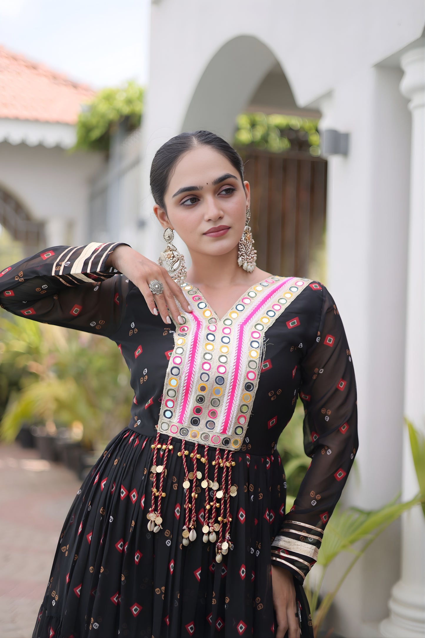 Stylish Black Faux Georgette Designer Gown with Mirror Work for Women