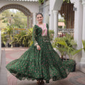 Awesome Rama Green Faux Georgette Designer Gown with Mirror Work for Women