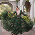 Awesome Rama Green Faux Georgette Designer Gown with Mirror Work for Women