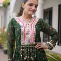 Awesome Rama Green Faux Georgette Designer Gown with Mirror Work for Women