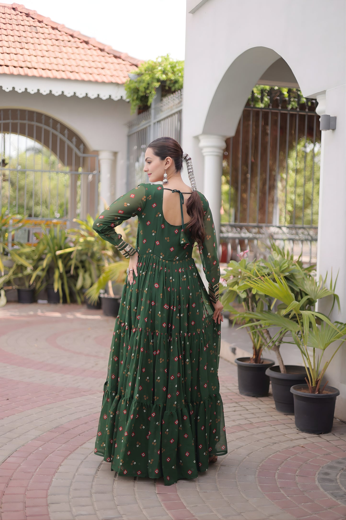 Awesome Rama Green Faux Georgette Designer Gown with Mirror Work for Women