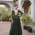 Awesome Rama Green Faux Georgette Designer Gown with Mirror Work for Women
