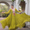 Elegant Lime Green Faux Georgette Designer Gown with Mirror Work for Women