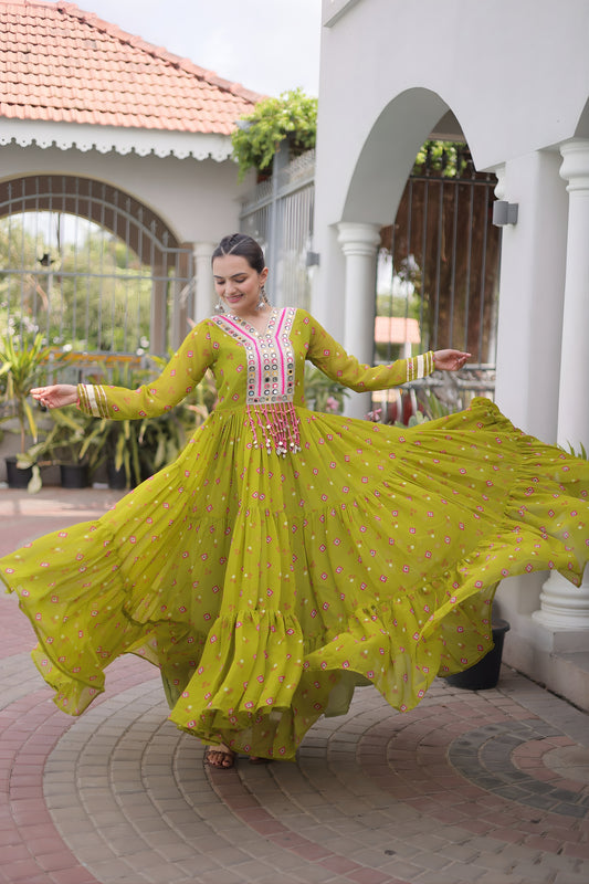 Elegant Lime Green Faux Georgette Designer Gown with Mirror Work for Women