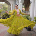 Elegant Lime Green Faux Georgette Designer Gown with Mirror Work for Women