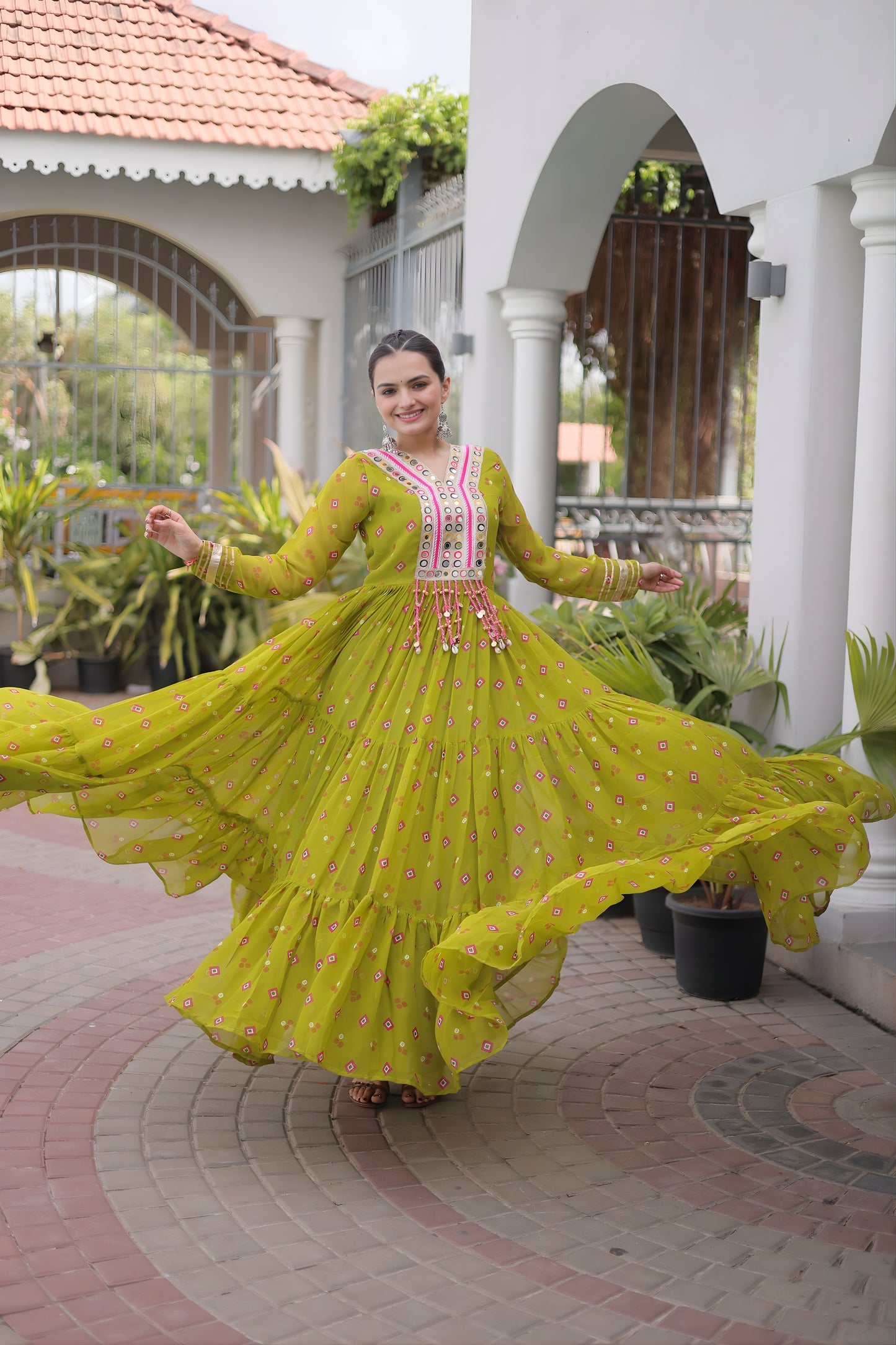 Elegant Lime Green Faux Georgette Designer Gown with Mirror Work for Women