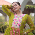 Elegant Lime Green Faux Georgette Designer Gown with Mirror Work for Women