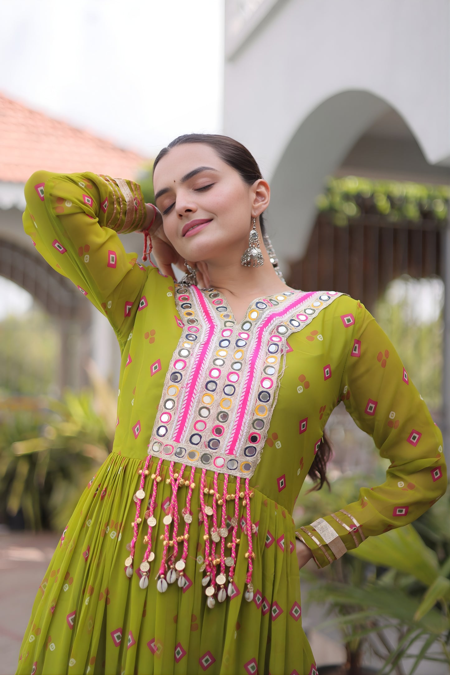 Elegant Lime Green Faux Georgette Designer Gown with Mirror Work for Women