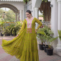 Elegant Lime Green Faux Georgette Designer Gown with Mirror Work for Women