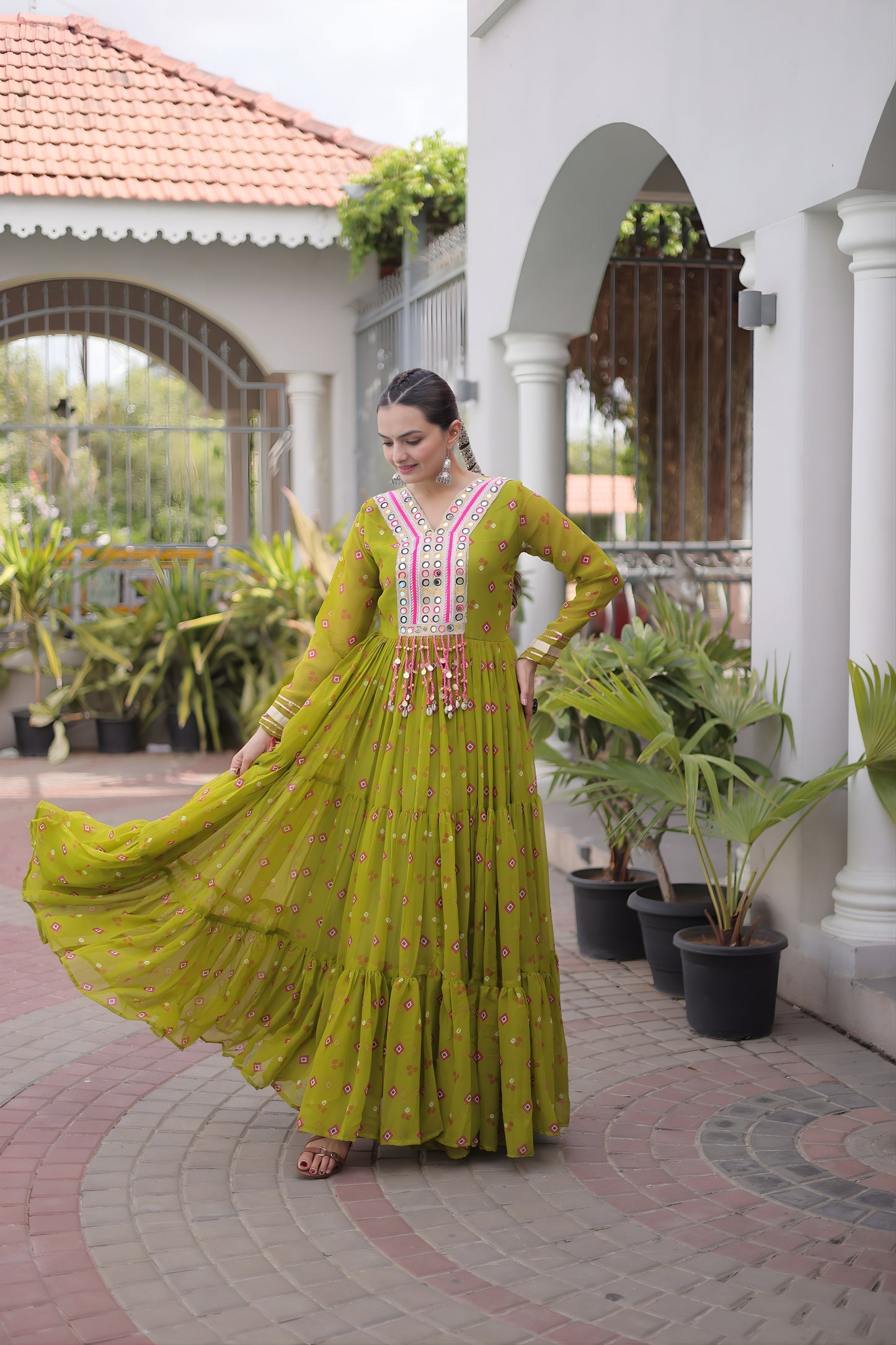 Elegant Lime Green Faux Georgette Designer Gown with Mirror Work for Women