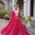 Stunning Rani Pink Faux Georgette Designer Gown with Mirror Work for Women
