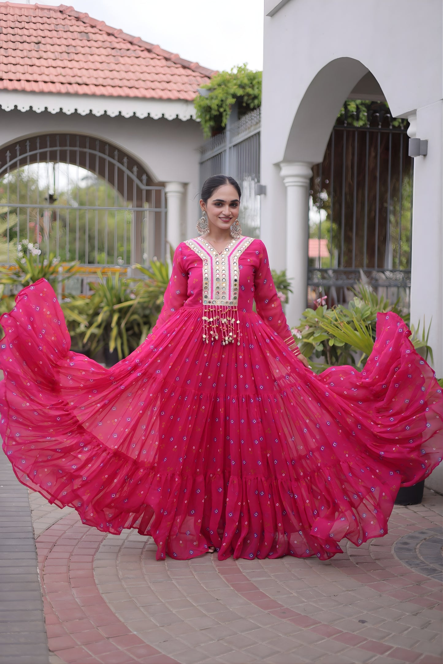 Stunning Rani Pink Faux Georgette Designer Gown with Mirror Work for Women