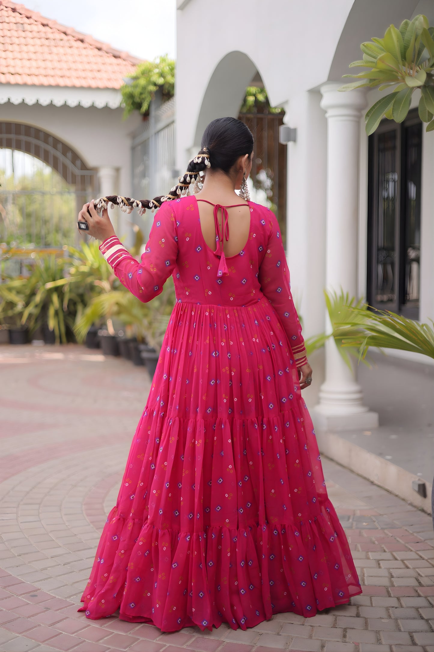Stunning Rani Pink Faux Georgette Designer Gown with Mirror Work for Women
