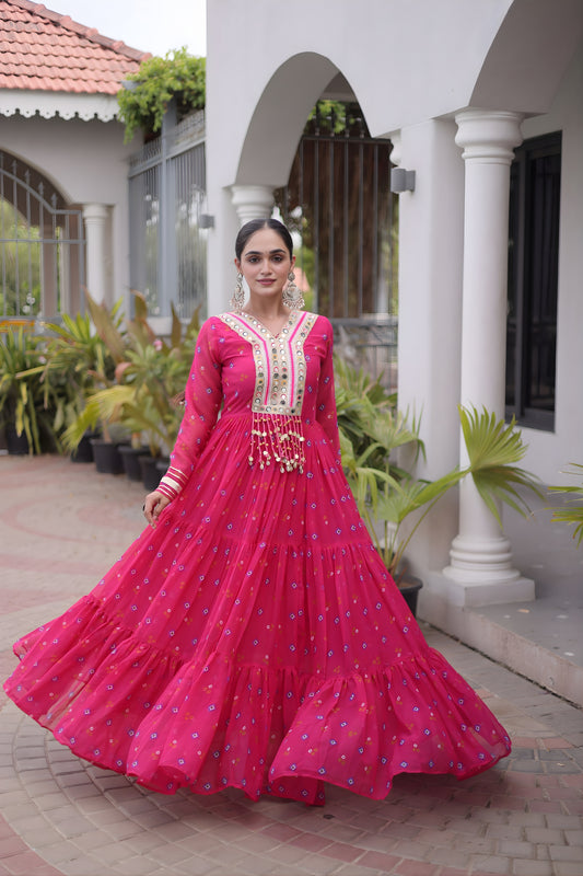 Stunning Rani Pink Faux Georgette Designer Gown with Mirror Work for Women