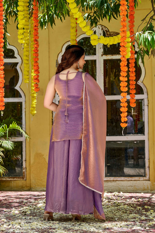 Stylish Lavender Fendy Satin Beads Embroidery Work Palazzo Suit for Women