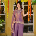 Stylish Lavender Fendy Satin Beads Embroidery Work Palazzo Suit for Women