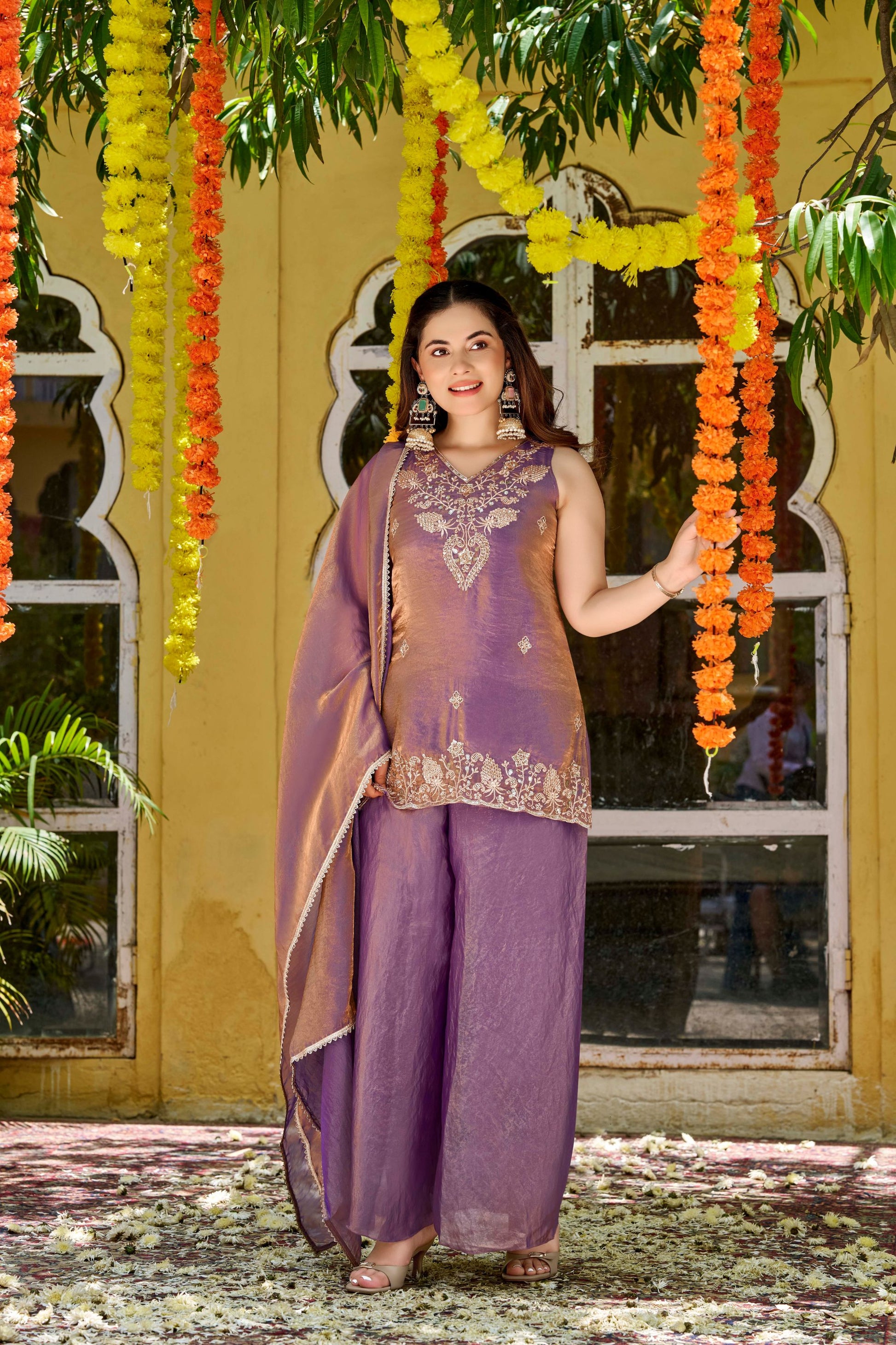 Stylish Lavender Fendy Satin Beads Embroidery Work Palazzo Suit for Women
