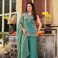 Luxury Sea Green Fendy Satin Beads Embroidery Work Palazzo Suit for Women