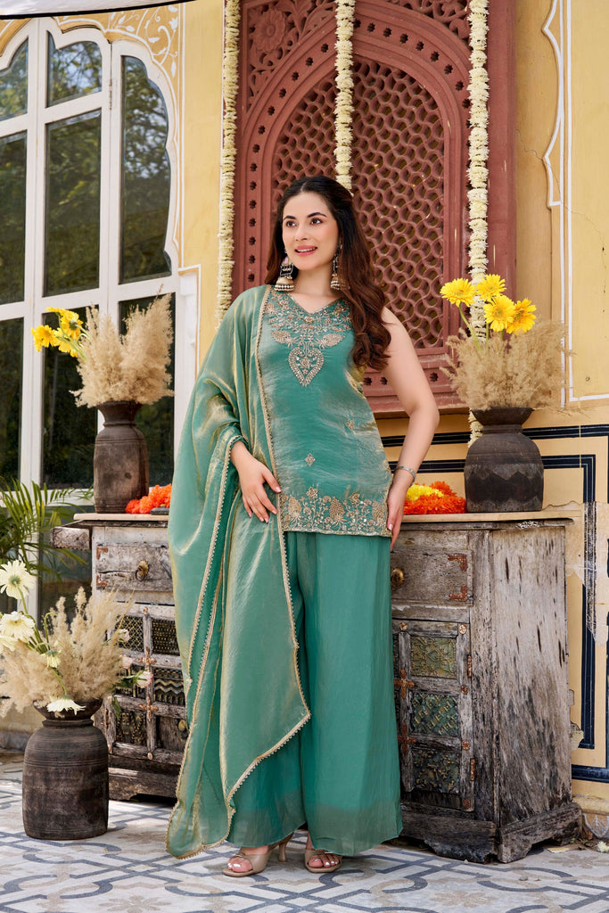 Luxury Sea Green Fendy Satin Beads Embroidery Work Palazzo Suit for Women