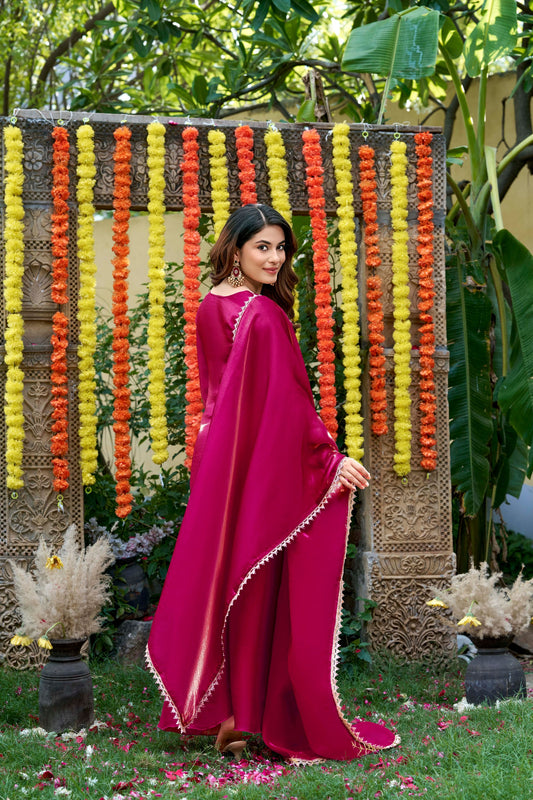 Beautiful Rani Pink Fendy Satin Beads Embroidery Work Palazzo Suit for Women