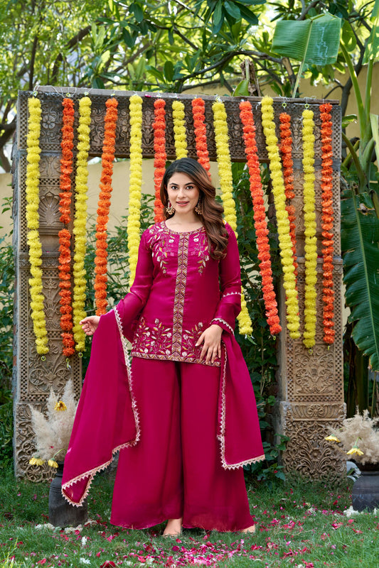 Beautiful Rani Pink Fendy Satin Beads Embroidery Work Palazzo Suit for Women