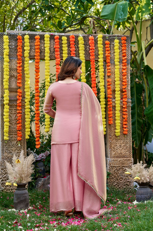 Stylish Pink Fendy Satin Beads Embroidery Work Palazzo Suit for Women