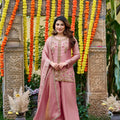 Stylish Pink Fendy Satin Beads Embroidery Work Palazzo Suit for Women