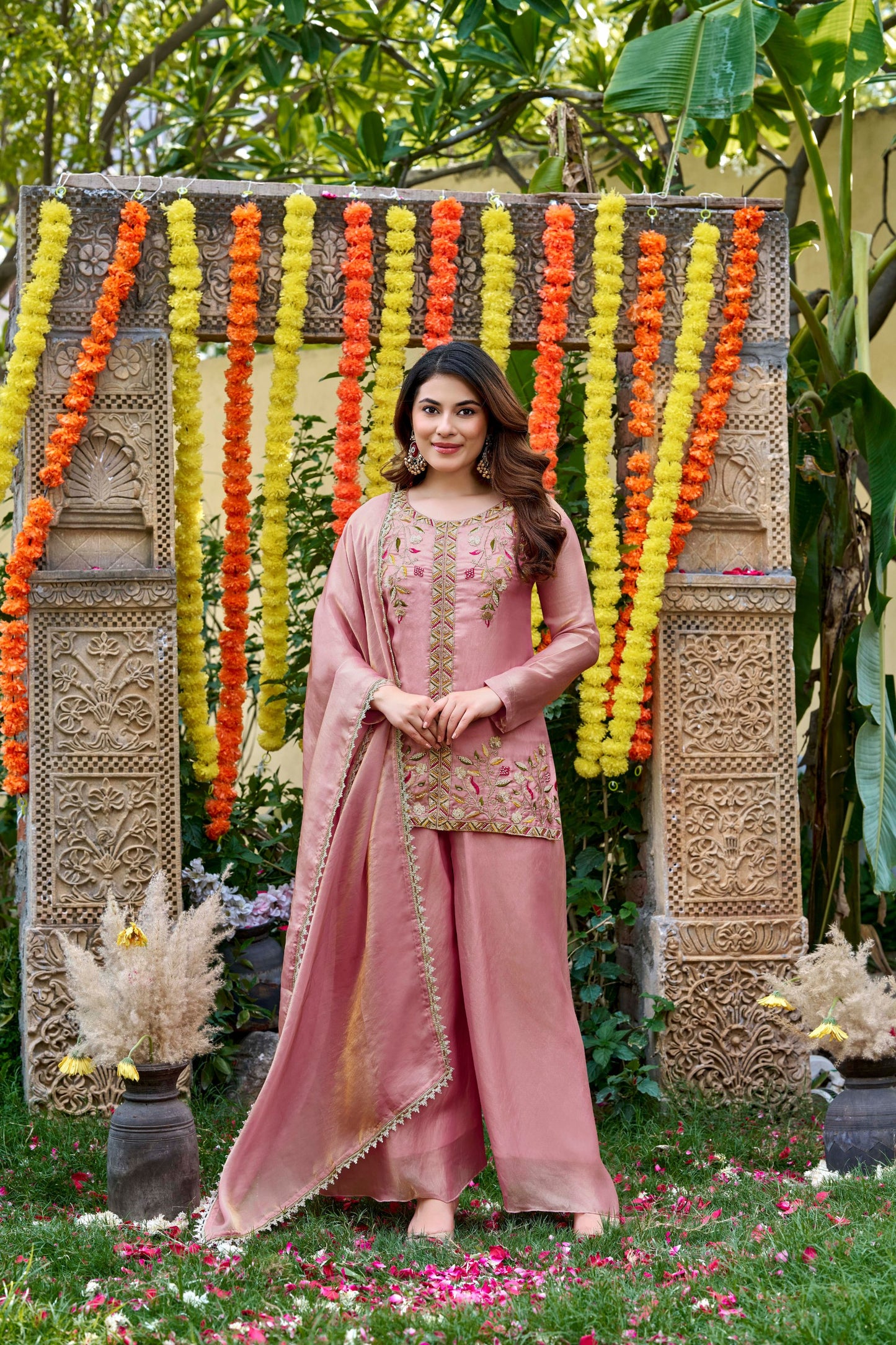 Stylish Pink Fendy Satin Beads Embroidery Work Palazzo Suit for Women