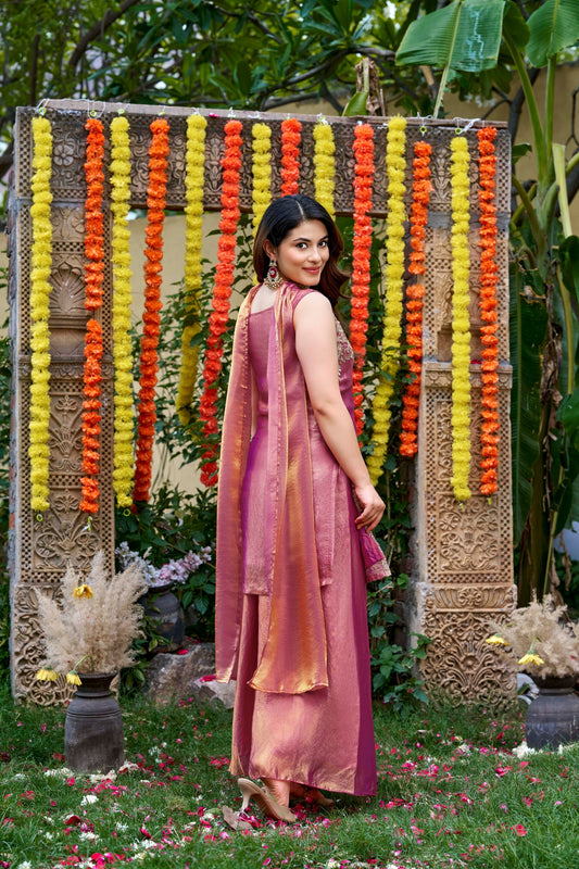 Premium Mauve Fendy Satin Beads Embroidery Work Palazzo Suit for Women