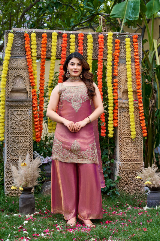 Premium Mauve Fendy Satin Beads Embroidery Work Palazzo Suit for Women