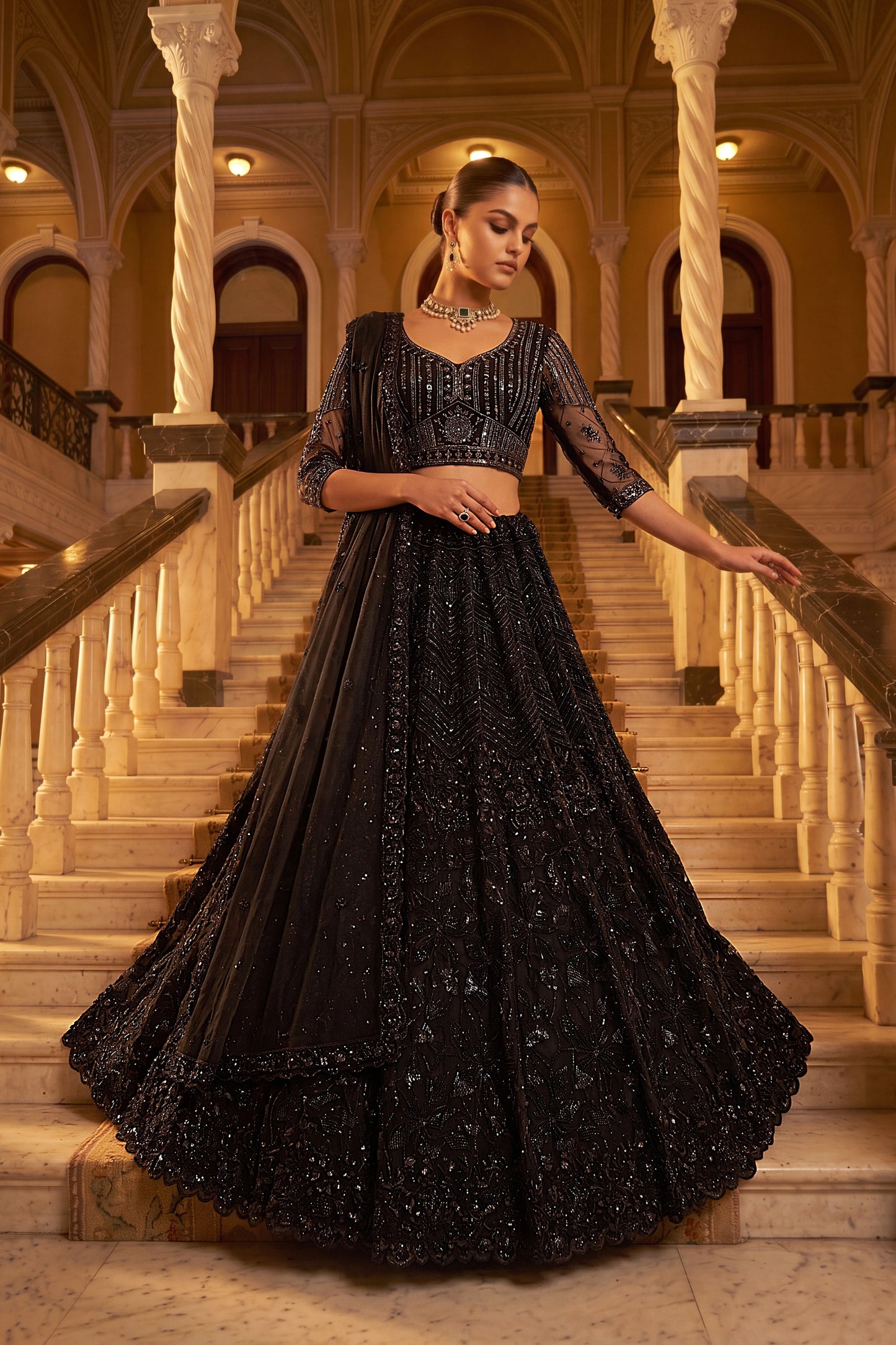 Stylish Black Net Wedding Lehenga Choli with Embroidery Work for Women