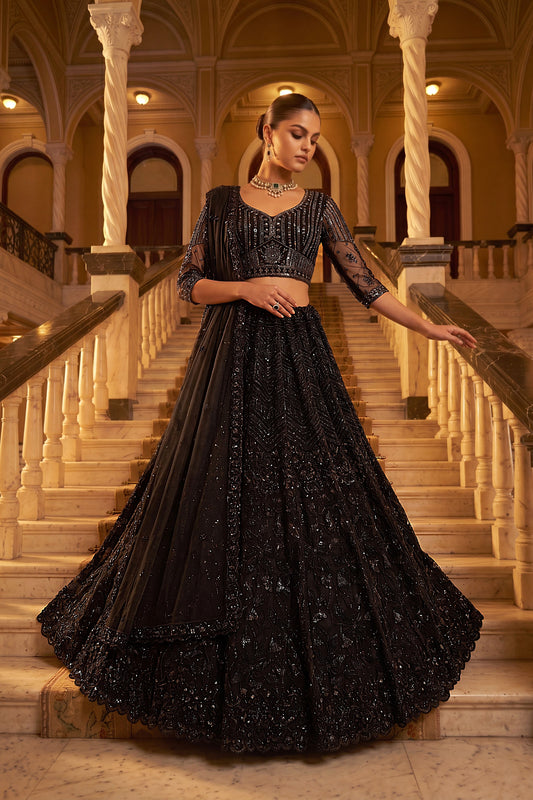 Stylish Black Net Wedding Lehenga Choli with Embroidery Work for Women