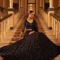 Stylish Black Net Wedding Lehenga Choli with Embroidery Work for Women