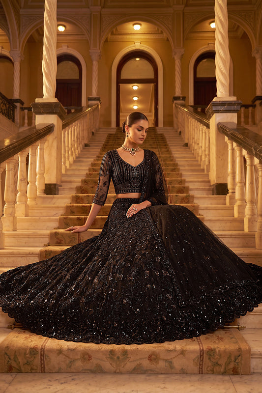 Stylish Black Net Wedding Lehenga Choli with Embroidery Work for Women