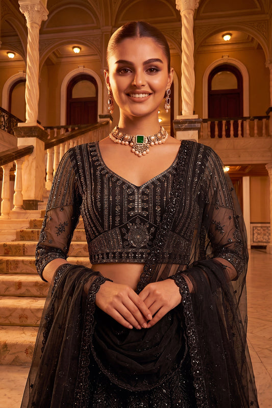 Stylish Black Net Wedding Lehenga Choli with Embroidery Work for Women