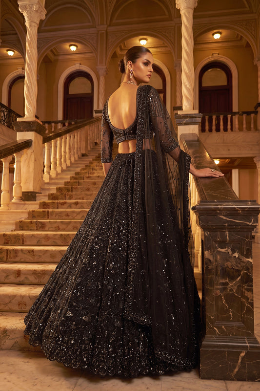Stylish Black Net Wedding Lehenga Choli with Embroidery Work for Women