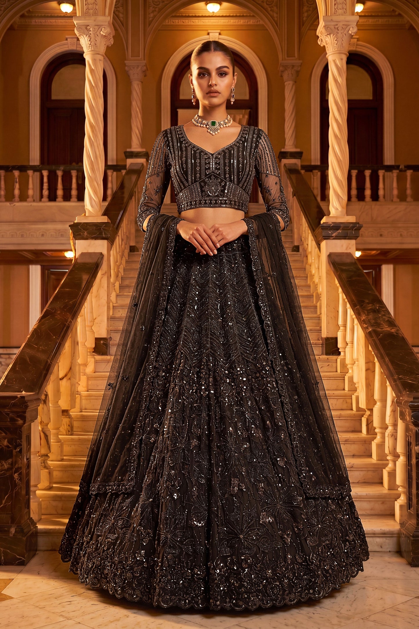 Stylish Black Net Wedding Lehenga Choli with Embroidery Work for Women