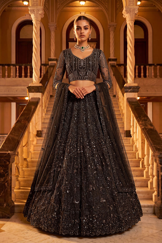 Stylish Black Net Wedding Lehenga Choli with Embroidery Work for Women