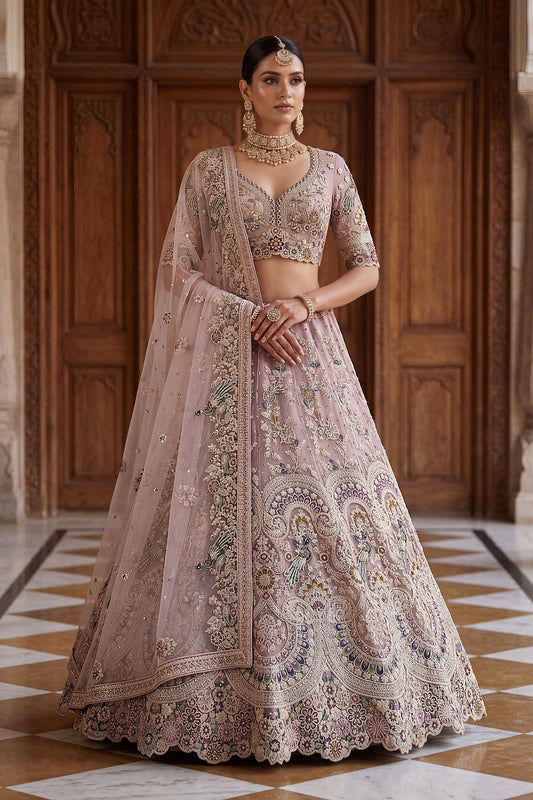 Elegant Dusty Pink Net Wedding Lehenga Choli with Embroidery Work for Women
