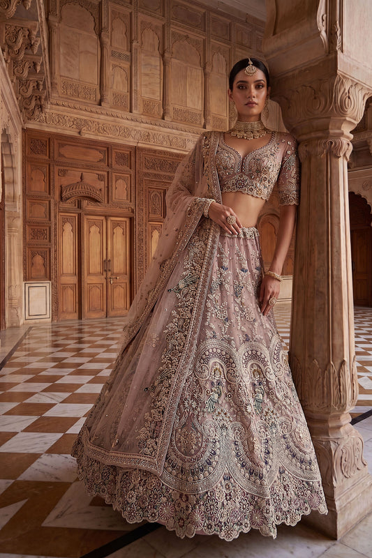 Elegant Dusty Pink Net Wedding Lehenga Choli with Embroidery Work for Women