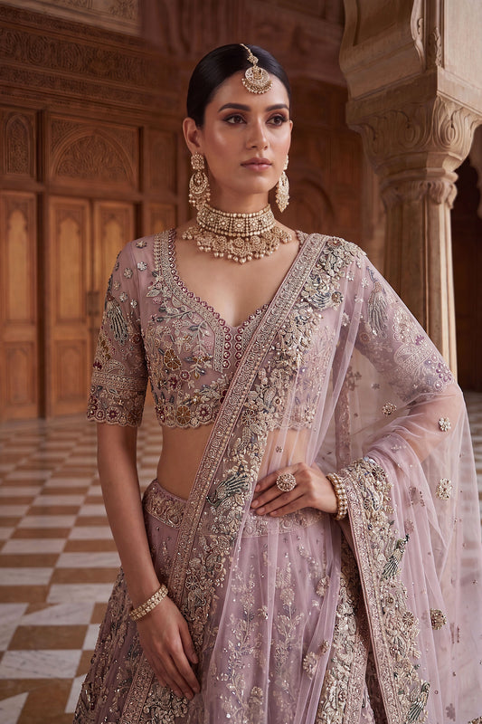 Elegant Dusty Pink Net Wedding Lehenga Choli with Embroidery Work for Women