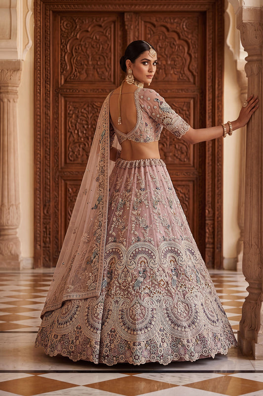 Elegant Dusty Pink Net Wedding Lehenga Choli with Embroidery Work for Women