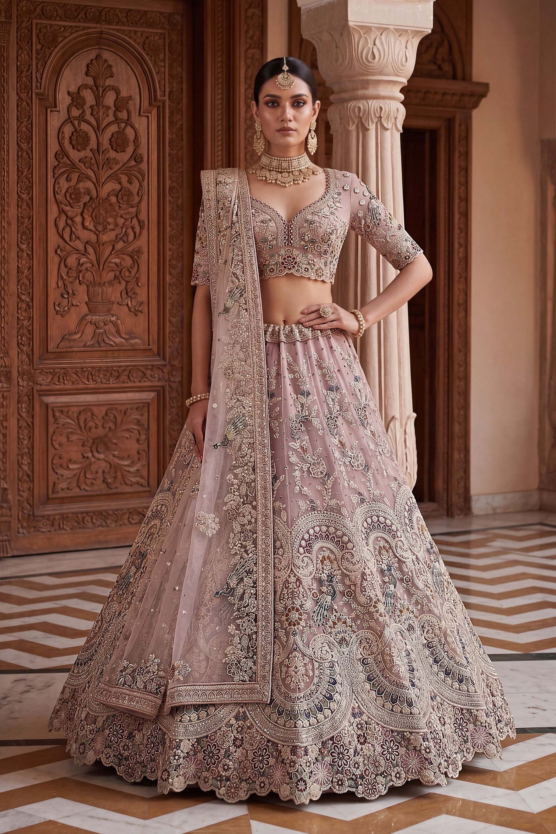 Elegant Dusty Pink Net Wedding Lehenga Choli with Embroidery Work for Women